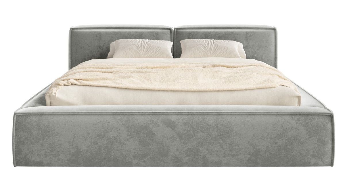 Polsterbett 200x200 cm Tilves Slim Low mit Stauraum, Metallrahmen, grauer Samt