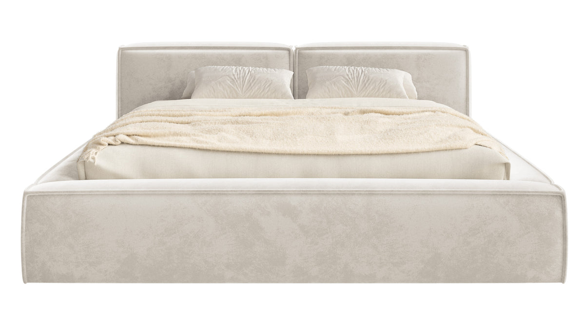 Polsterbett 160x200 cm Tilves Slim Low mit Stauraum, Metallrahmen, grau-beiger Samt