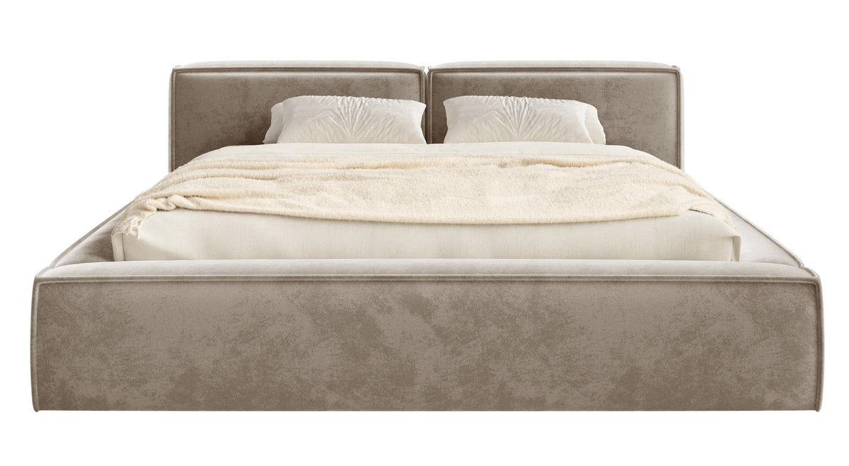 Polsterbett 160x200 cm Tilves Slim Low mit Stauraum, Metallrahmen, hellbrauner Samt
