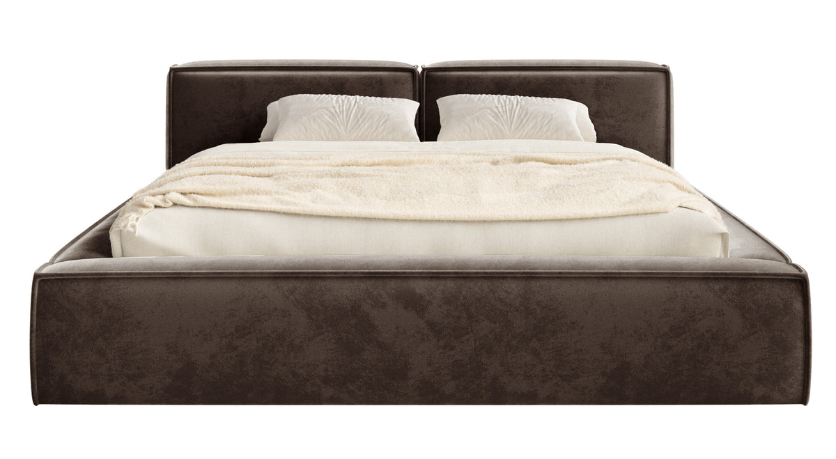 Polsterbett 140x200 cm Tilves Slim Low mit Stauraum, Metallrahmen, brauner Samt