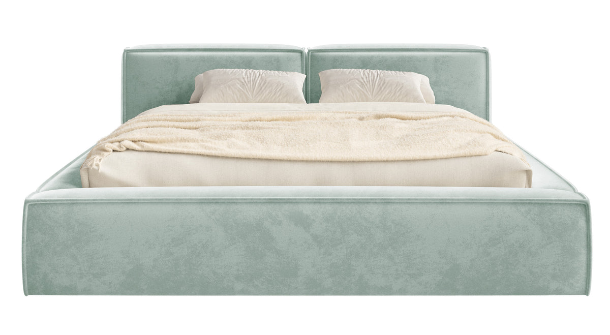 Lit tapissé 200x200 cm Tilves Slim Low avec rangement, sommier métallique, velours sauge