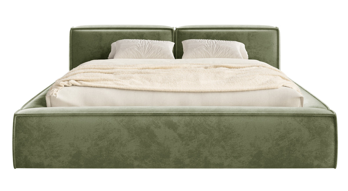 Polsterbett 200x200 cm Tilves Slim Low mit Stauraum, Metallrahmen, olivgrüner Samt