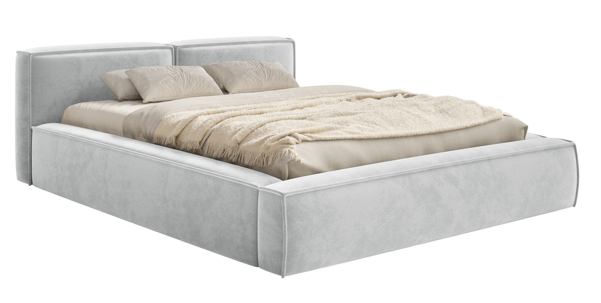 Polsterbett 160x200 cm Tilves Slim Low mit Stauraum, Metallrahmen, hellgrauer Samt