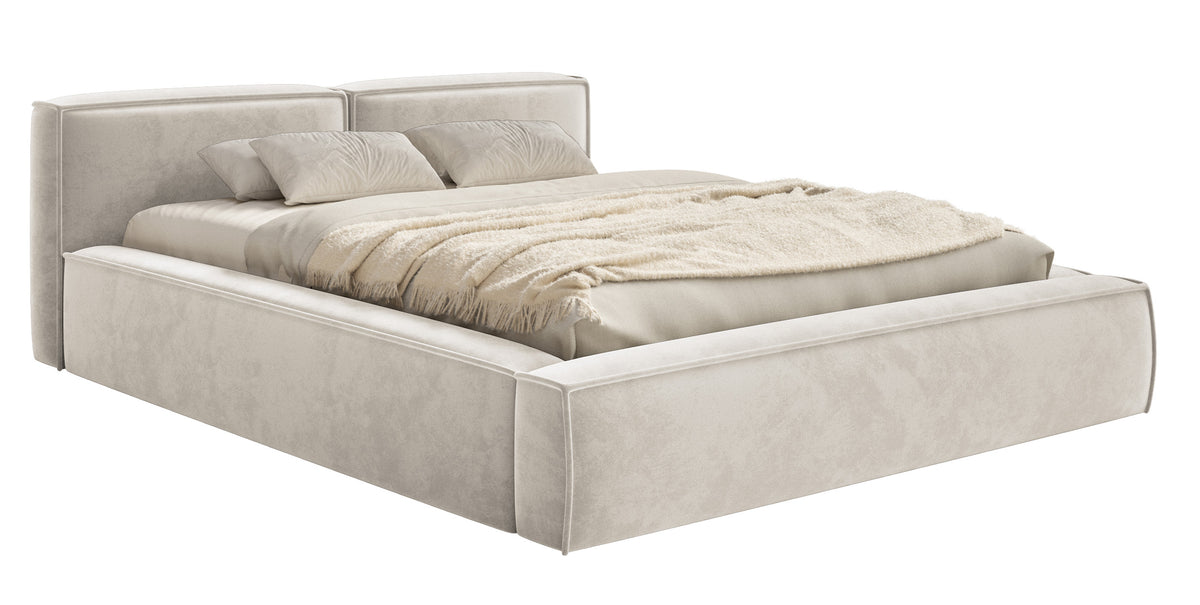 Polsterbett 160x200 cm Tilves Slim Low mit Stauraum, Metallrahmen, grau-beiger Samt