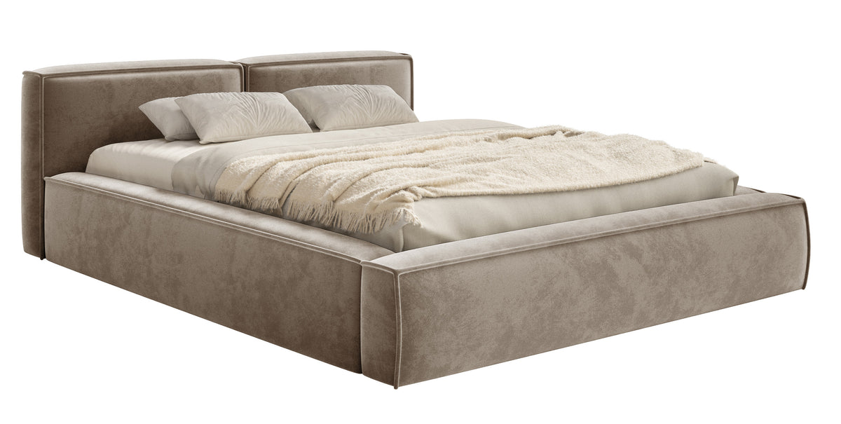 Polsterbett 160x200 cm Tilves Slim Low mit Stauraum, Metallrahmen, hellbrauner Samt
