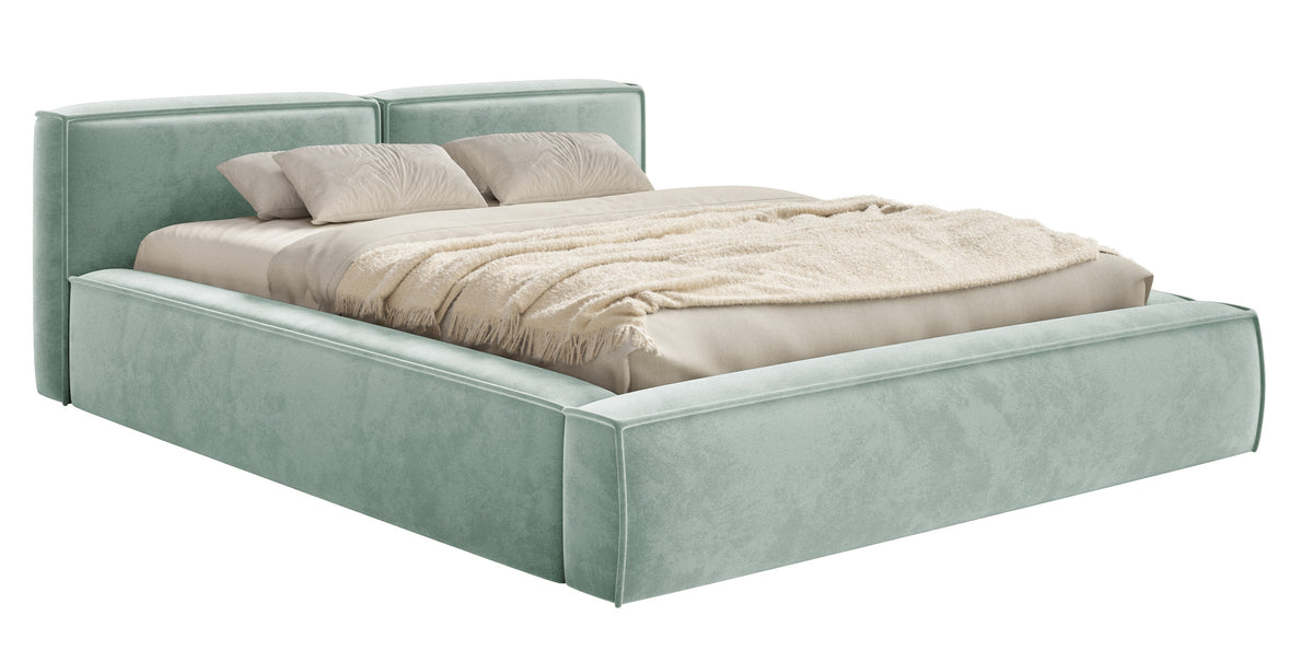 Lit tapissé 200x200 cm Tilves Slim Low avec rangement, sommier métallique, velours sauge