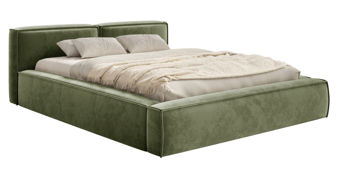 Polsterbett 200x200 cm Tilves Slim Low mit Stauraum, Metallrahmen, olivgrüner Samt