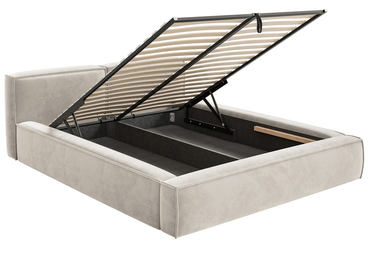 Polsterbett 160x200 cm Tilves Slim Low mit Stauraum, Metallrahmen, grau-beiger Samt