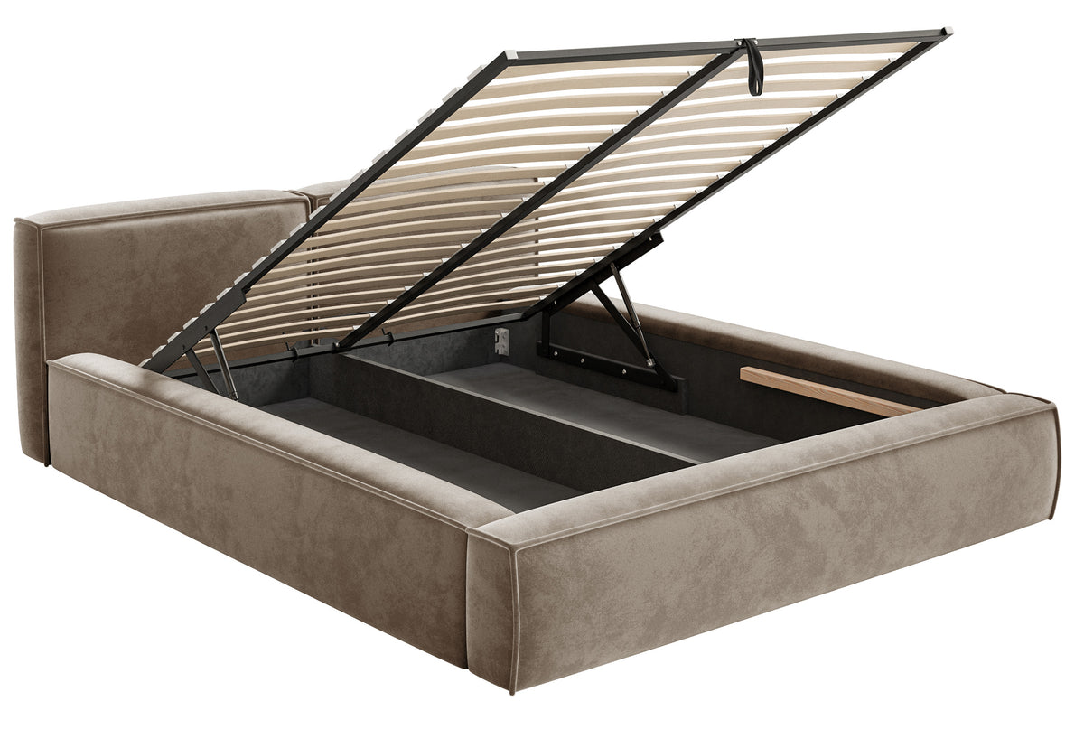 Polsterbett 160x200 cm Tilves Slim Low mit Stauraum, Metallrahmen, hellbrauner Samt