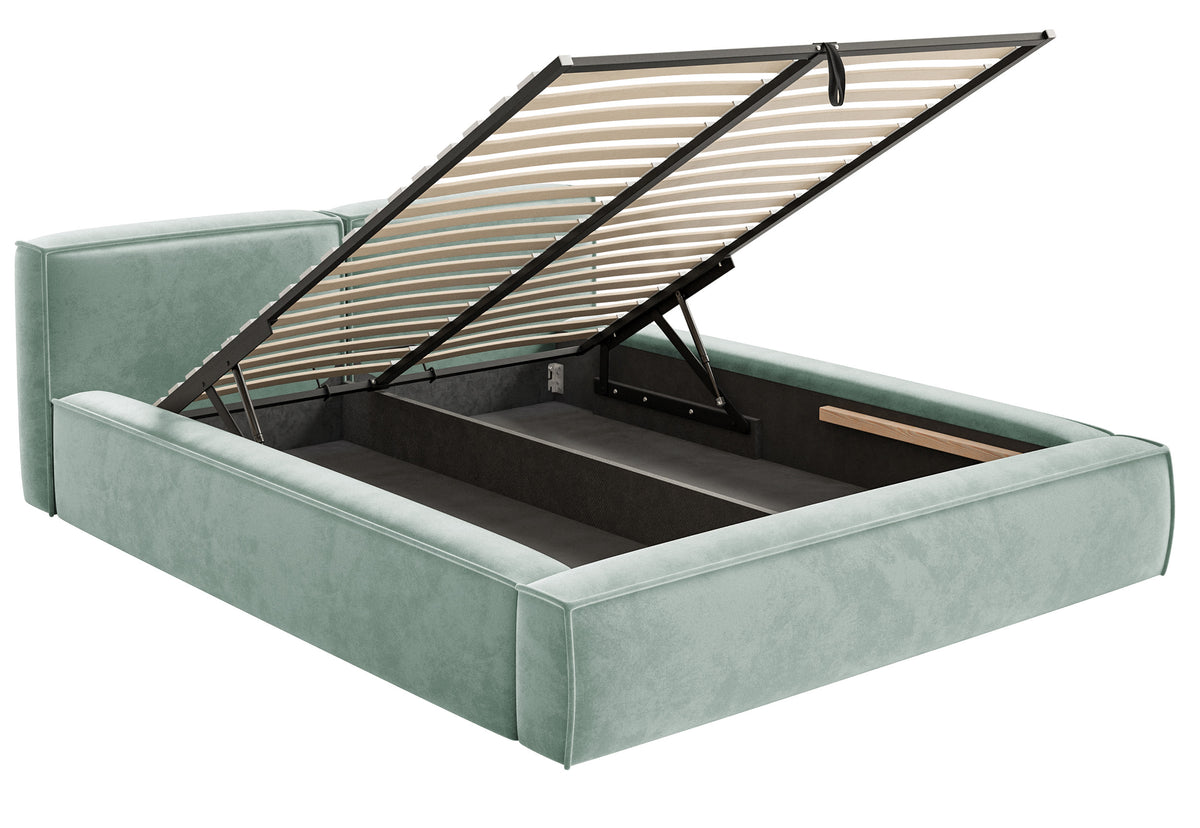 Lit tapissé 200x200 cm Tilves Slim Low avec rangement, sommier métallique, velours sauge