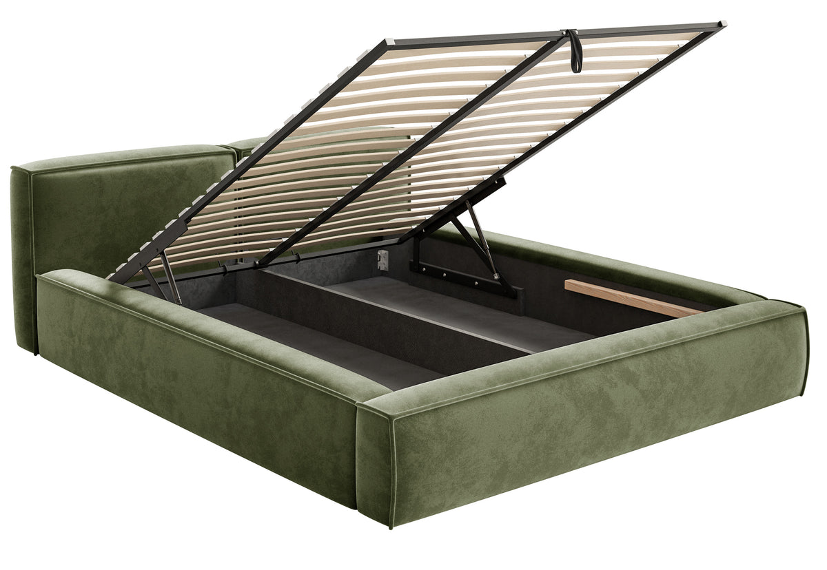 Polsterbett 200x200 cm Tilves Slim Low mit Stauraum, Metallrahmen, olivgrüner Samt