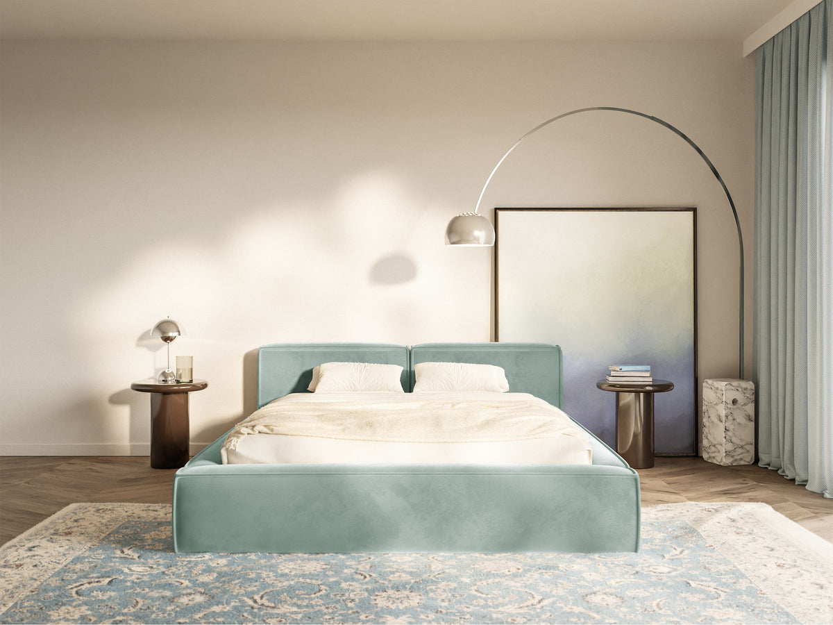 Lit tapissé 200x200 cm Tilves Slim Low avec rangement, sommier métallique, velours sauge