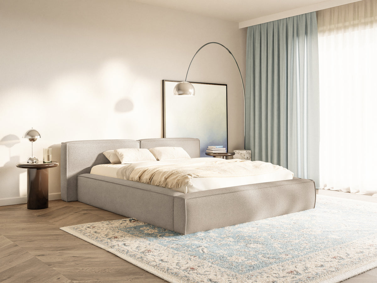 Polsterbett 140x200 cm Tilves Low mit Stauraum, Metallrahmen, beige Chenille