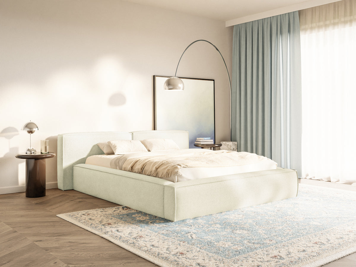 Polsterbett 160x200 cm Tilves Low mit Stauraum, Metallrahmen, cremefarbenes Chenille