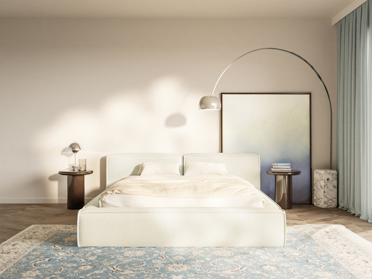 Lit tapissé 180x200 cm Tilves Low avec rangement, cadre métallique, chenille crème