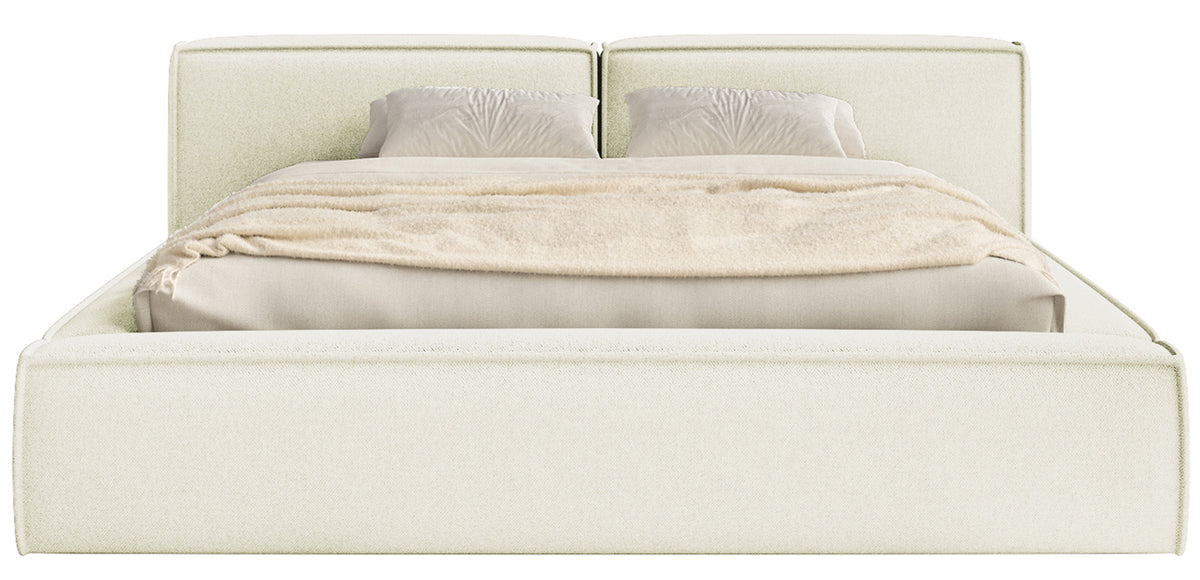 Lit tapissé 180x200 cm Tilves Low avec rangement, cadre métallique, chenille crème