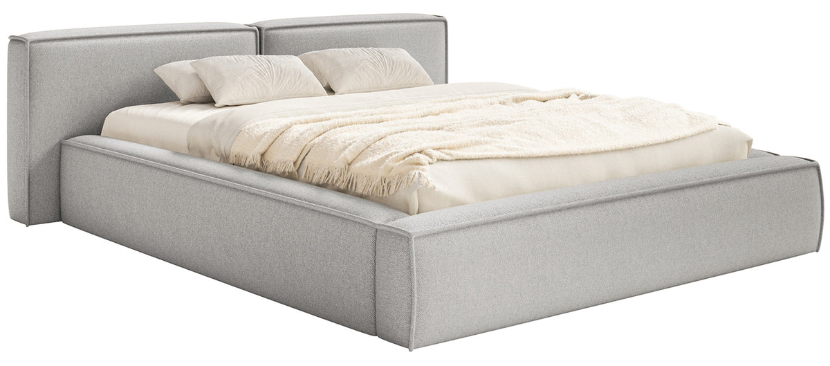 Lit tapissé 200x200 cm Tilves Low avec rangement, cadre métallique, tissu chenille gris clair