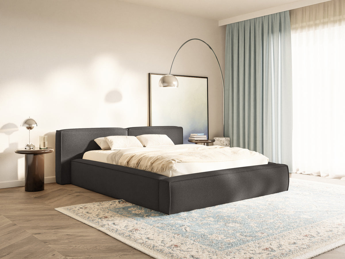 Polsterbett 180x200 cm Tilves Low mit Stauraum, Metallrahmen, grafitfarbener Chenillestoff