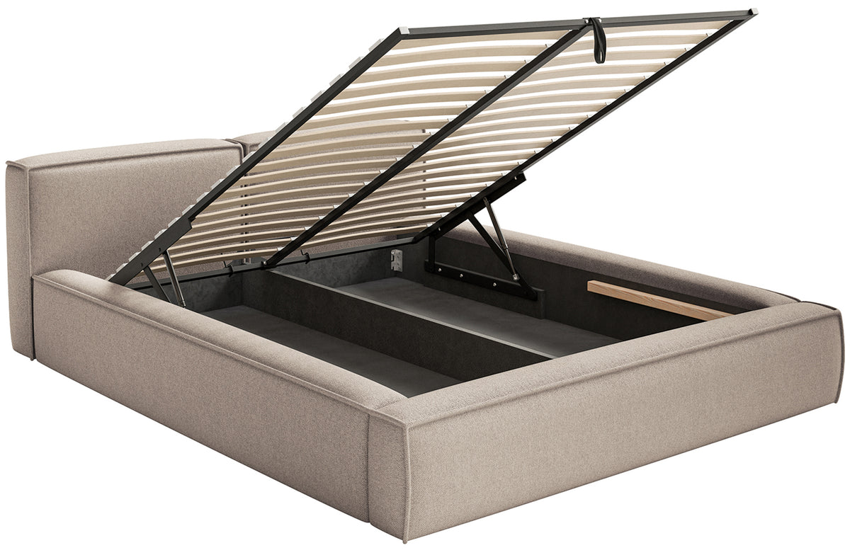 Gepolstertes Bett 160x200 cm Tilves Slim Low mit Stauraum, Metallrahmen, beiger Chenille