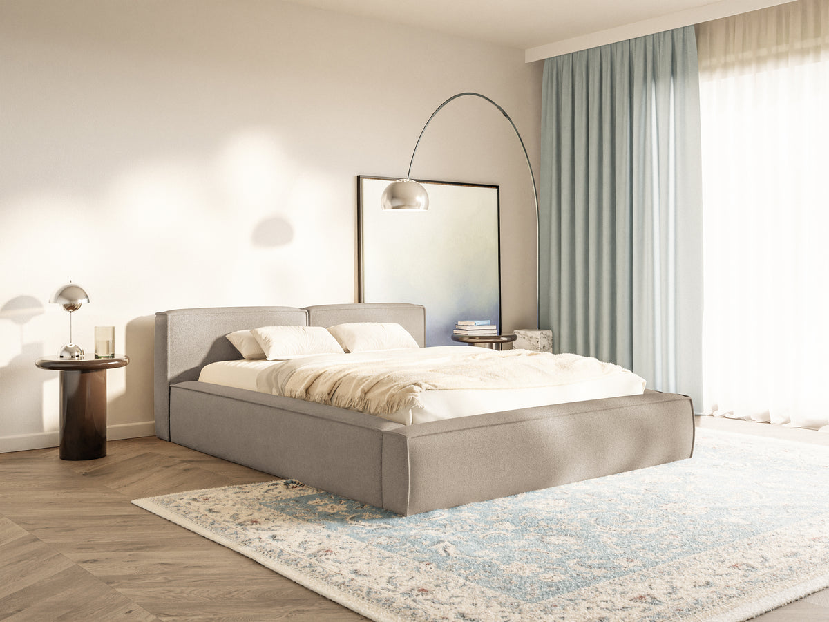 Gepolstertes Bett 160x200 cm Tilves Slim Low mit Stauraum, Metallrahmen, beiger Chenille