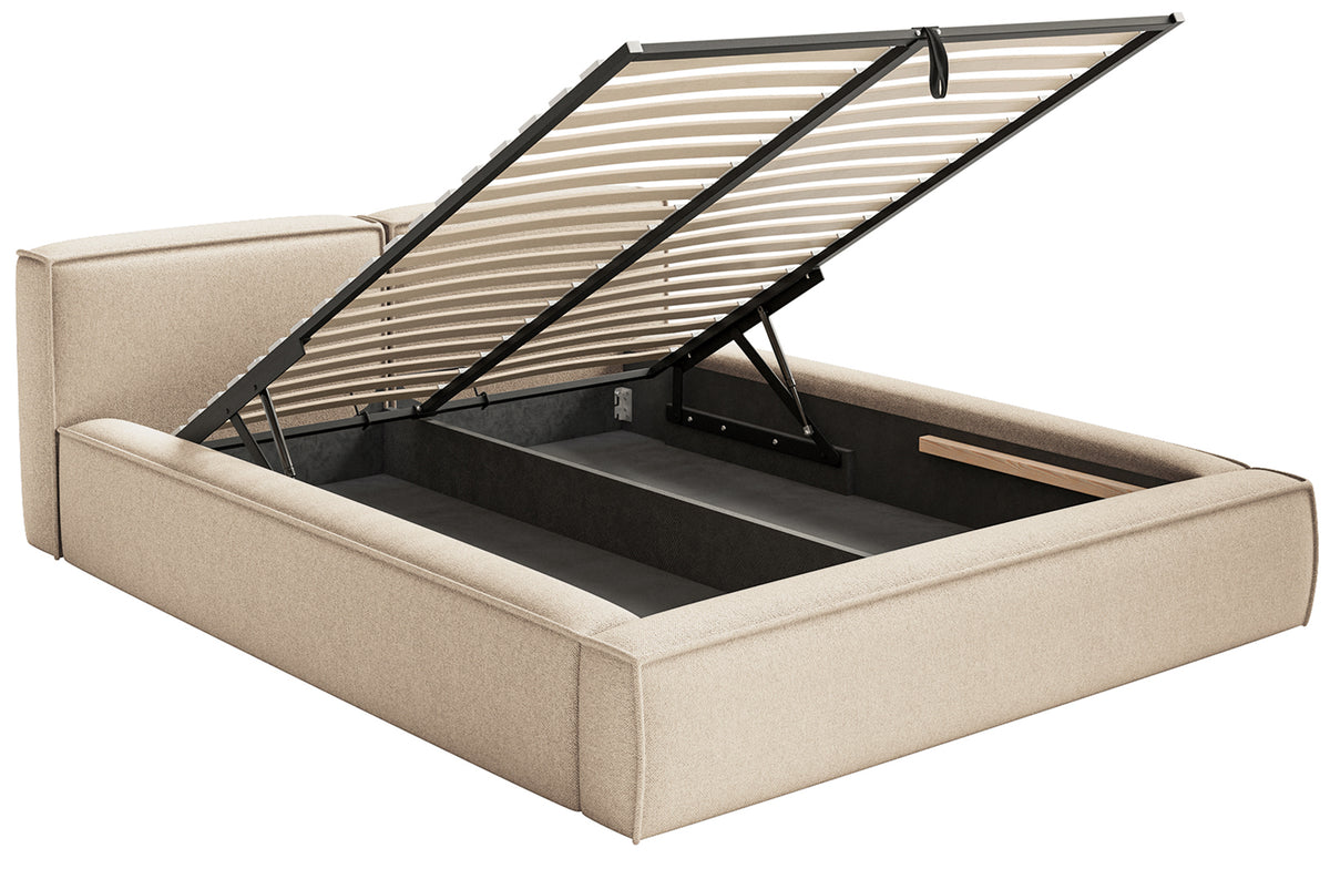 Polstermbett 160x200 cm Tilves Slim Low mit Stauraum, Metallrahmen, hellbeige Chenille