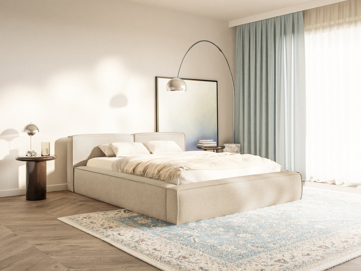 Polstermbett 160x200 cm Tilves Slim Low mit Stauraum, Metallrahmen, hellbeige Chenille