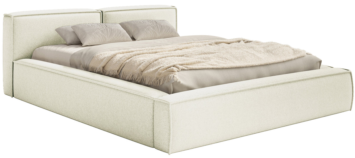 Polsterbett 200x200 cm Tilves Slim Low mit Stauraum, Metallrahmen, cremefarbener Chenille