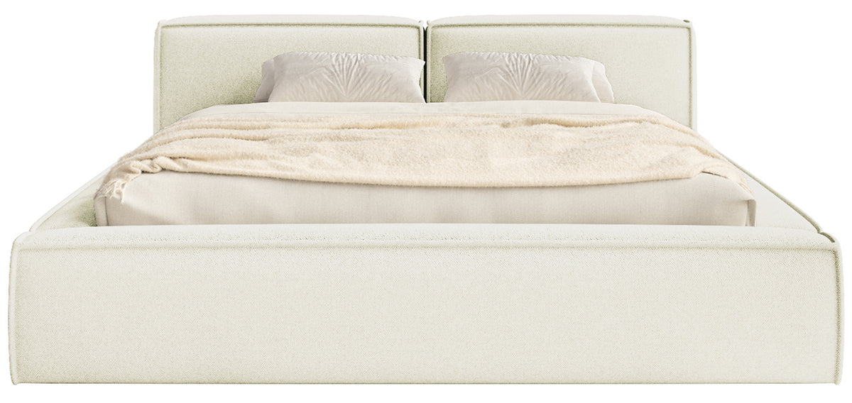 Polsterbett 200x200 cm Tilves Slim Low mit Stauraum, Metallrahmen, cremefarbener Chenille