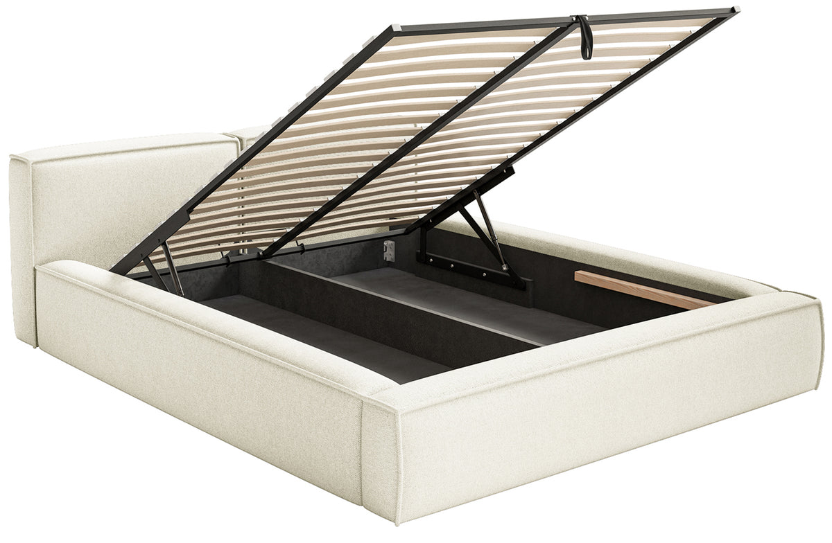 Polsterbett 200x200 cm Tilves Slim Low mit Stauraum, Metallrahmen, cremefarbener Chenille