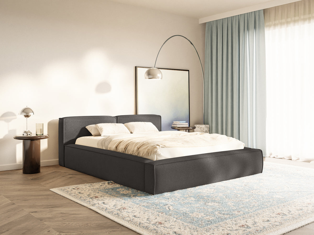 Polsterbett 180x200 cm Tilves Slim Low mit Stauraum, Metallrahmen, graphitfarbenes Chenille