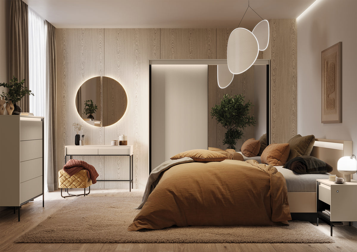 Toilette Trend avec tiroirs et éclairage 112 cm, façades rainurées beige sable / noir