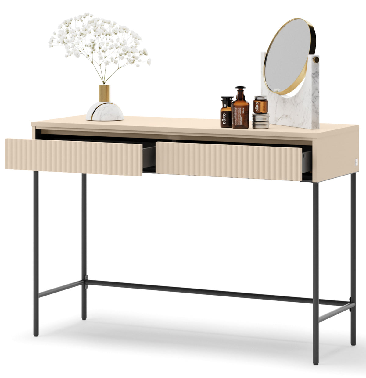 Toilette Trend avec tiroirs et éclairage 112 cm, façades rainurées beige sable / noir