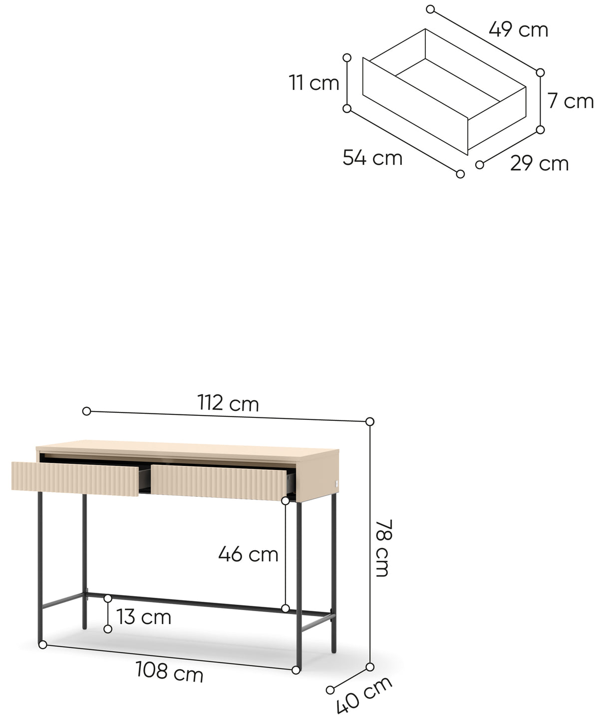 Toilette Trend avec tiroirs et éclairage 112 cm, façades rainurées beige sable / noir