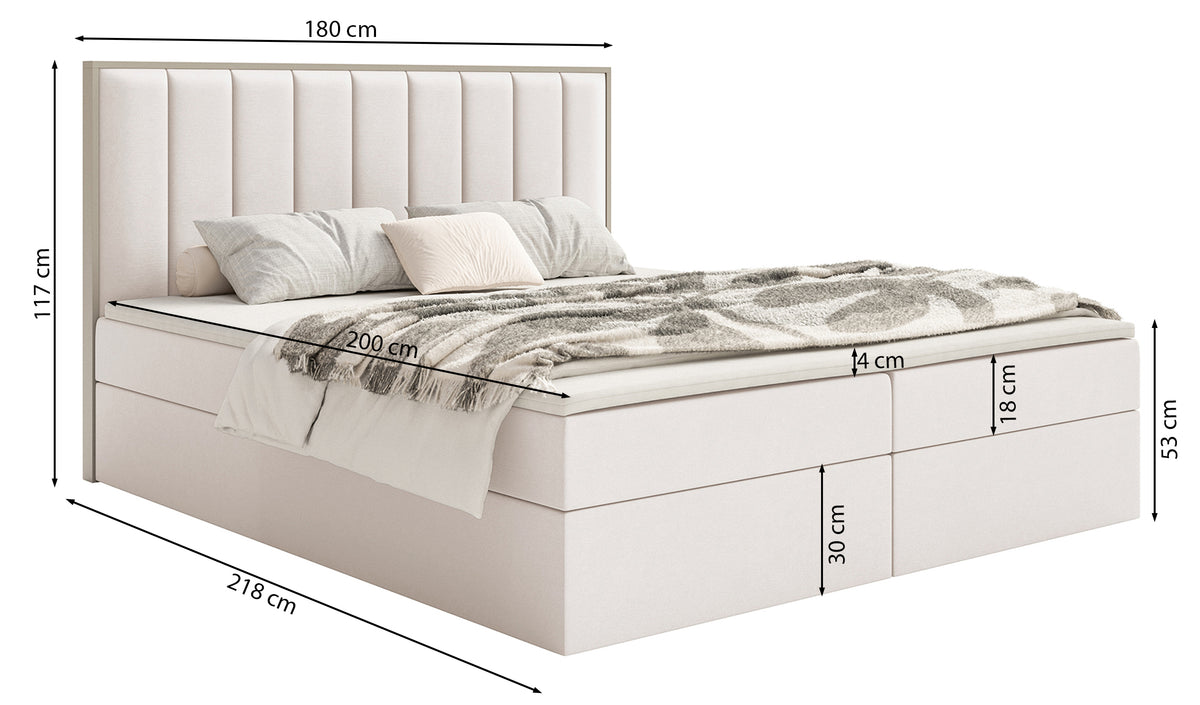 Kontinentales Bett 180x200 cm Togents mit Stauraum und Topper, weißer wasserabweisender Samt
