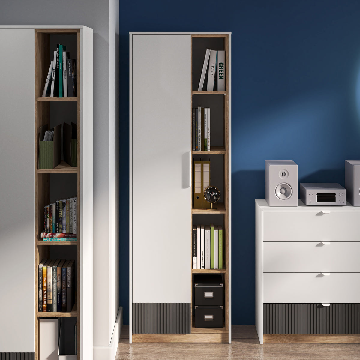 Armoire une porte pour chambre d’adolescent Torino avec niches rainurées 64 cm chêne Honey Castello/blanc alpin/gris graphite