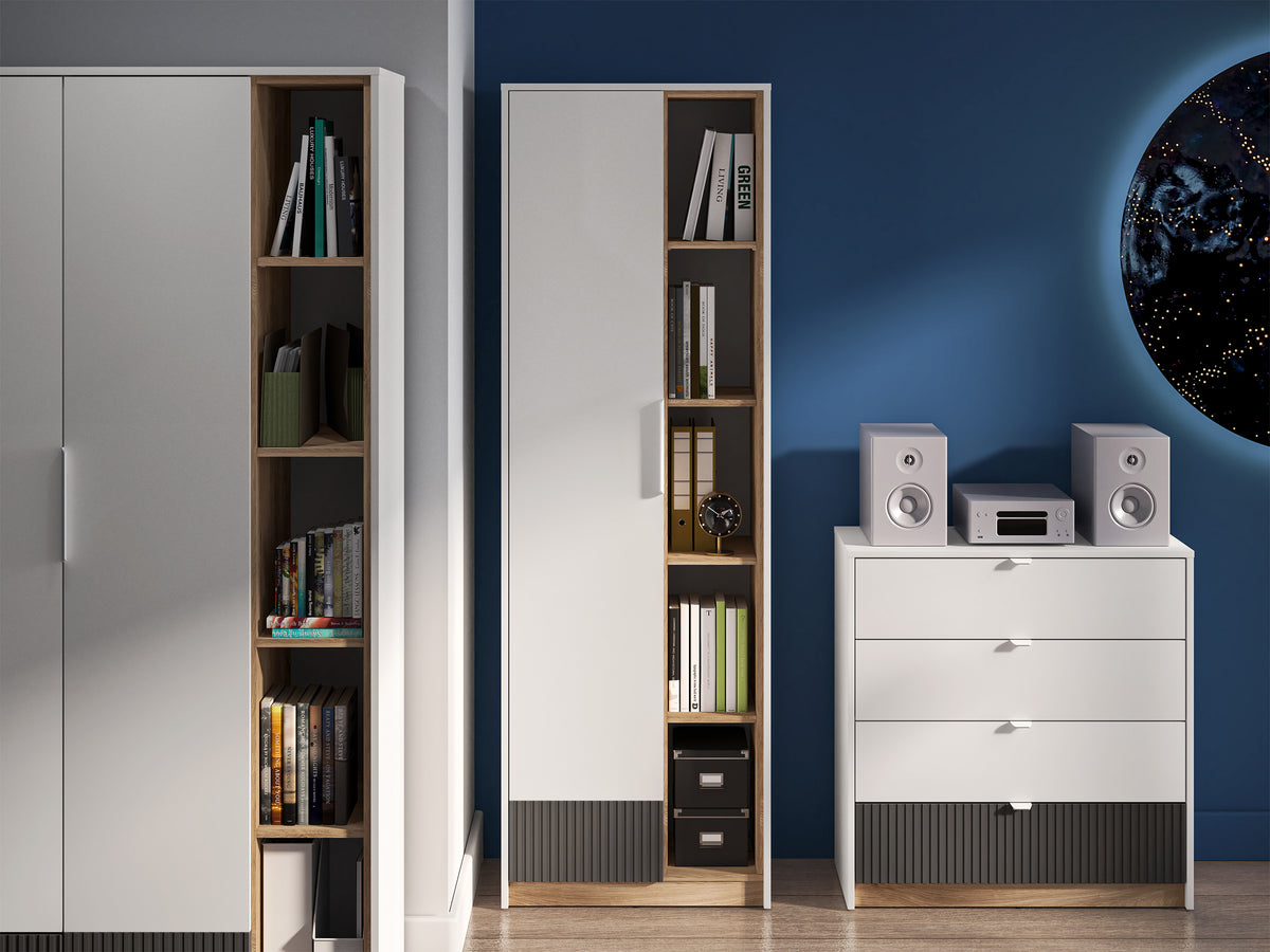 Armoire une porte pour chambre d’adolescent Torino avec niches rainurées 64 cm chêne Honey Castello/blanc alpin/gris graphite