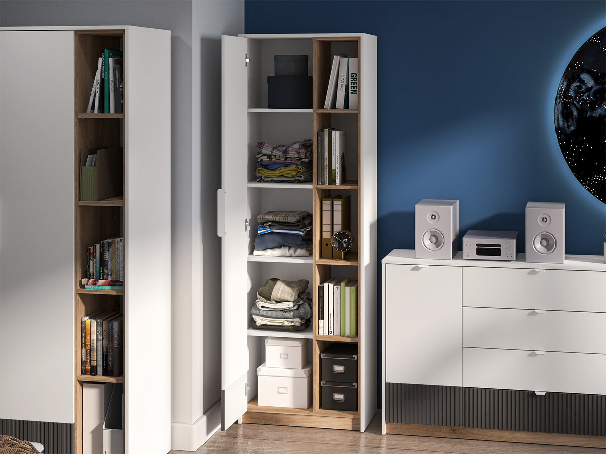 Armoire une porte pour chambre d’adolescent Torino avec niches rainurées 64 cm chêne Honey Castello/blanc alpin/gris graphite