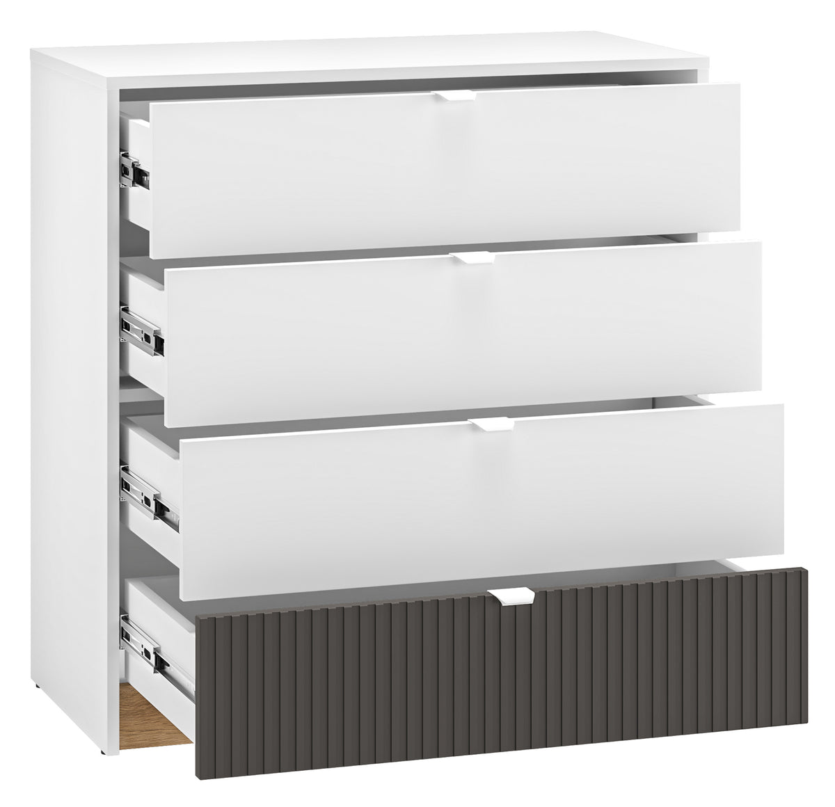 Kommode Torino mit vier geriffelten Schubladen, 82 cm, Eiche Honey Castello/Alpenweiß/Grafit