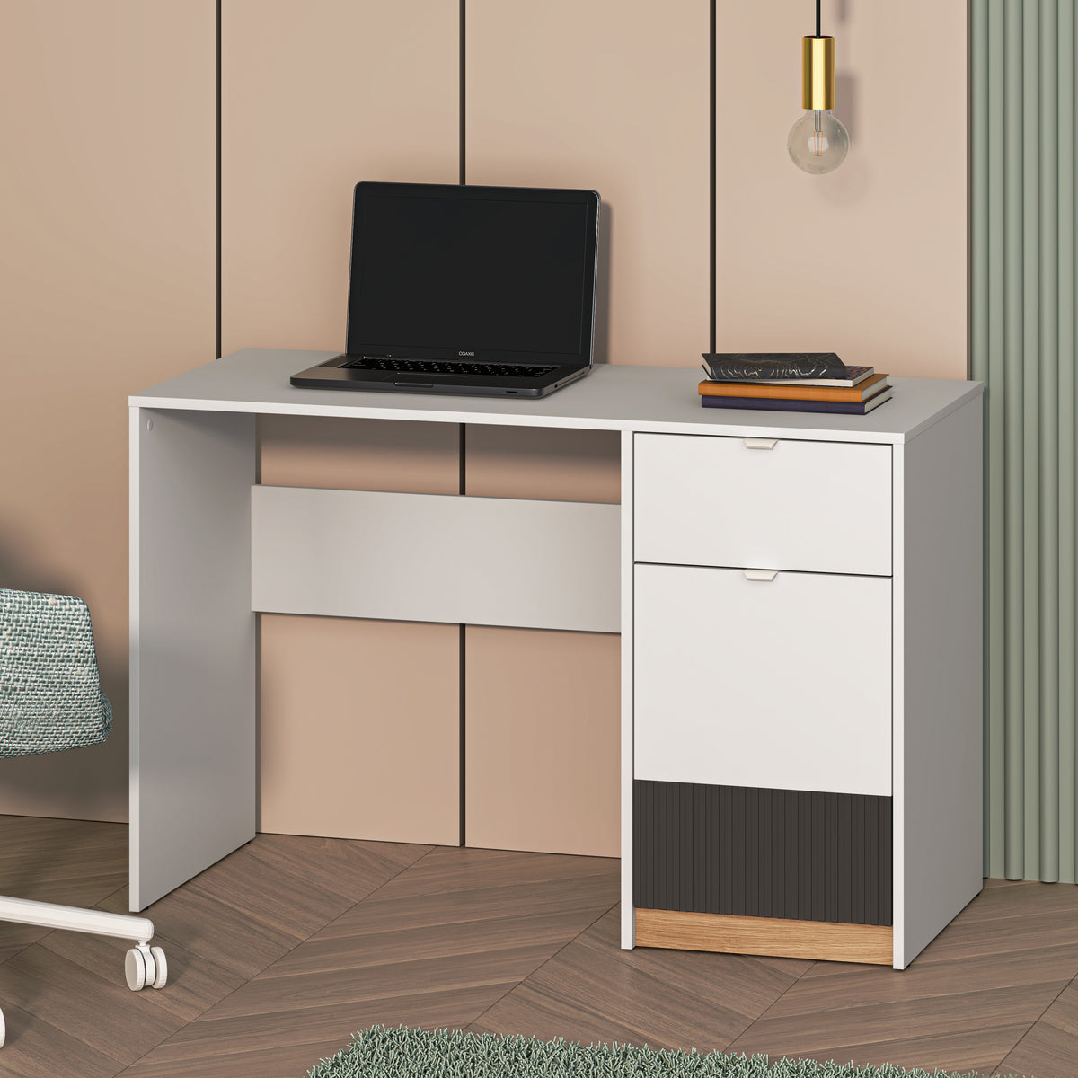 Bureau adolescent une porte Torino avec tiroir rainuré 120 cm chêne Honey Castello/blanc alpin/gris graphite