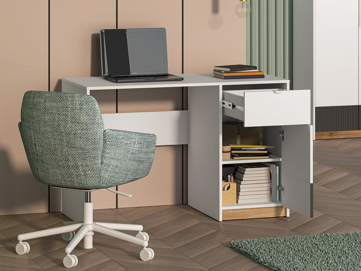Bureau adolescent une porte Torino avec tiroir rainuré 120 cm chêne Honey Castello/blanc alpin/gris graphite