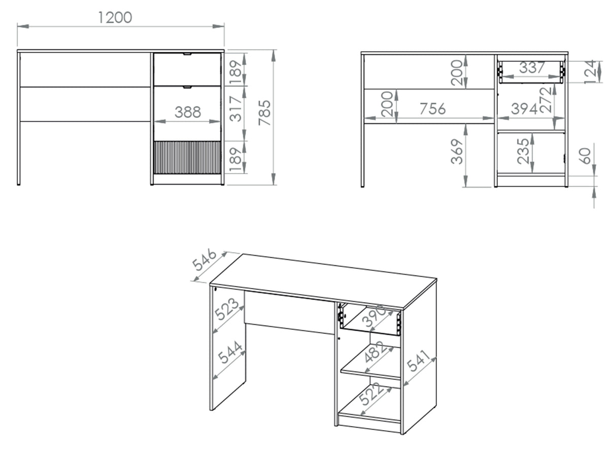 Bureau adolescent une porte Torino avec tiroir rainuré 120 cm chêne Honey Castello/blanc alpin/gris graphite