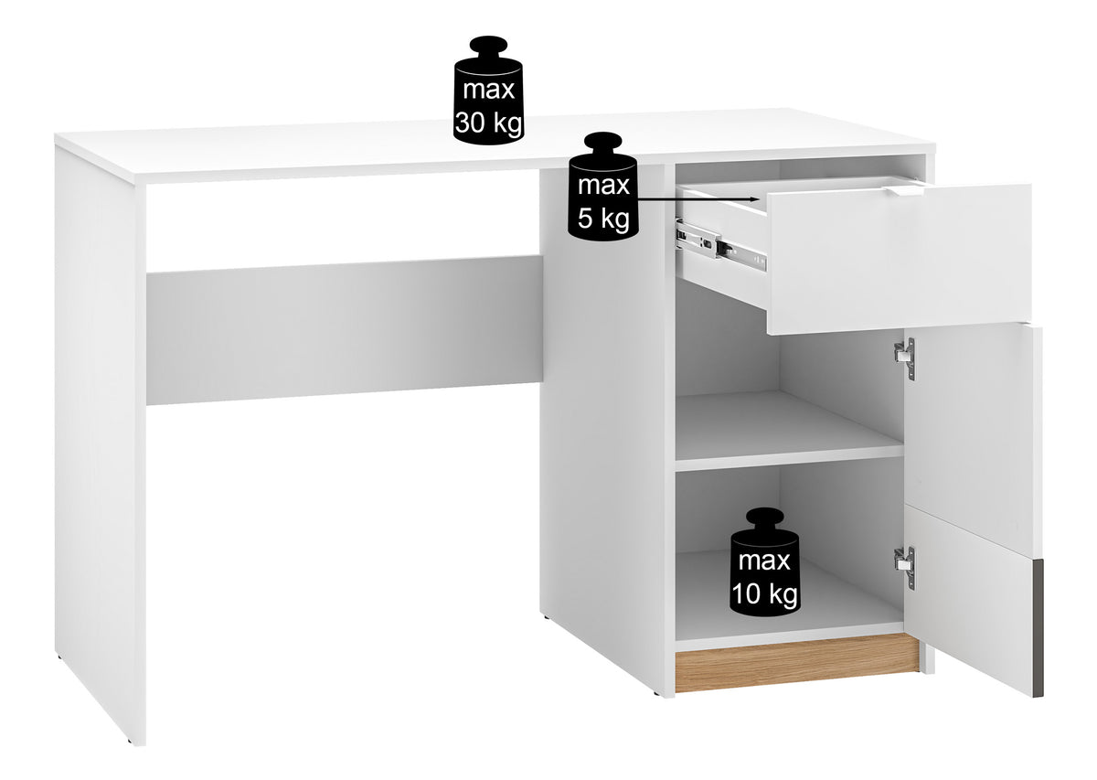Bureau adolescent une porte Torino avec tiroir rainuré 120 cm chêne Honey Castello/blanc alpin/gris graphite
