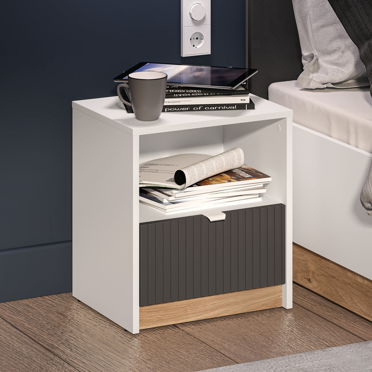Table de chevet Torino avec tiroir et étagère rainurée 43 cm chêne Honey Castello/blanc alpin/gris graphite