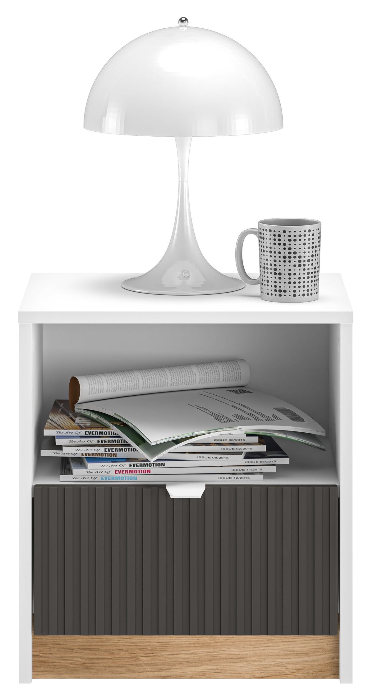 Table de chevet Torino avec tiroir et étagère rainurée 43 cm chêne Honey Castello/blanc alpin/gris graphite