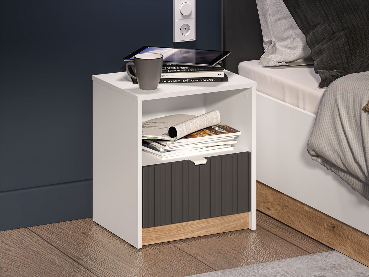 Table de chevet Torino avec tiroir et étagère rainurée 43 cm chêne Honey Castello/blanc alpin/gris graphite