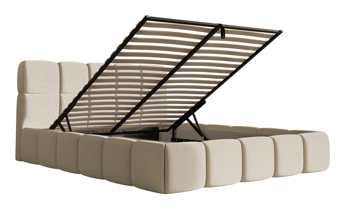 Polsterbett 140x200 cm Cloudy mit Stauraum, hellbeiger hydrophober Chenillestoff