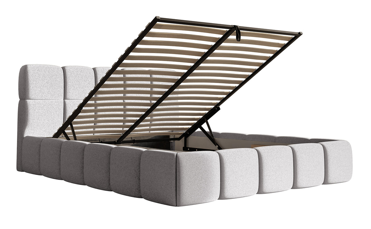 Lit tapissé 140x200 cm Cloudy avec rangement, chenille hydrofuge gris clair