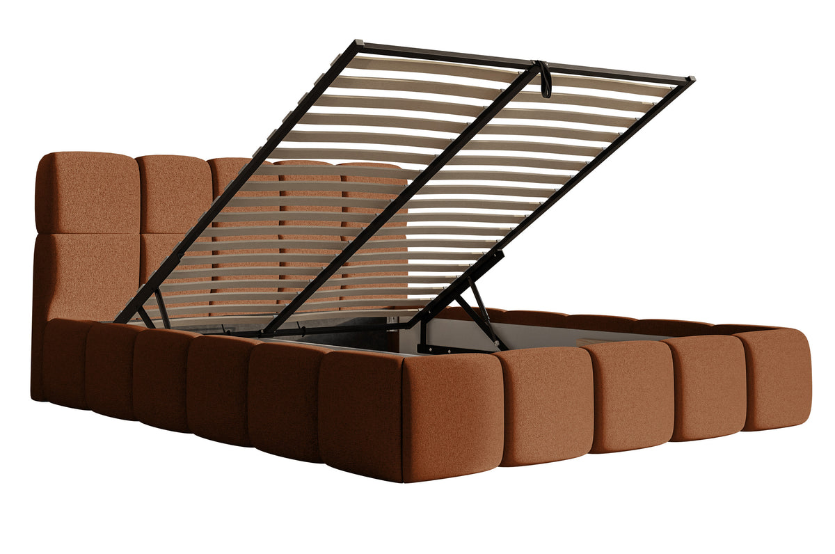 Lit tapissé 180x200 cm Cloudy avec rangement, velours chenille hydrofuge cuivre