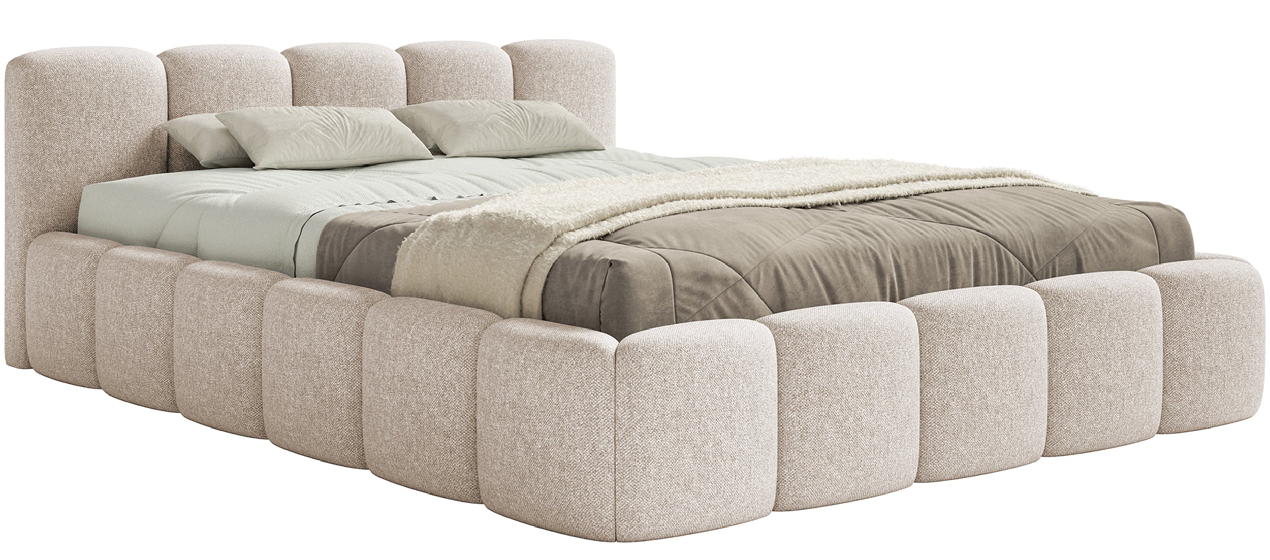 Lit rembourré 180x200 cm Cloudy Low, beige clair, chenille, hydrofuge, cadre en bois