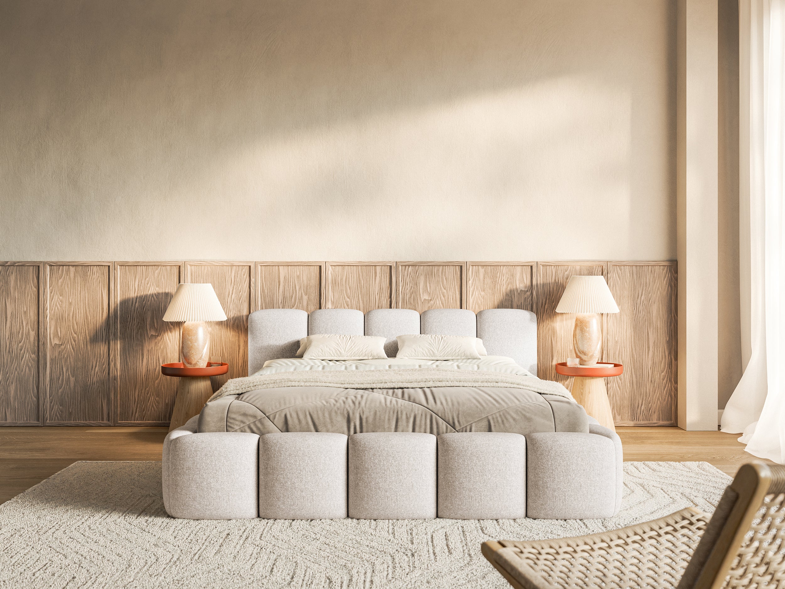 Lit rembourré 180x200 cm Cloudy Low, beige clair, chenille, hydrofuge, cadre en bois
